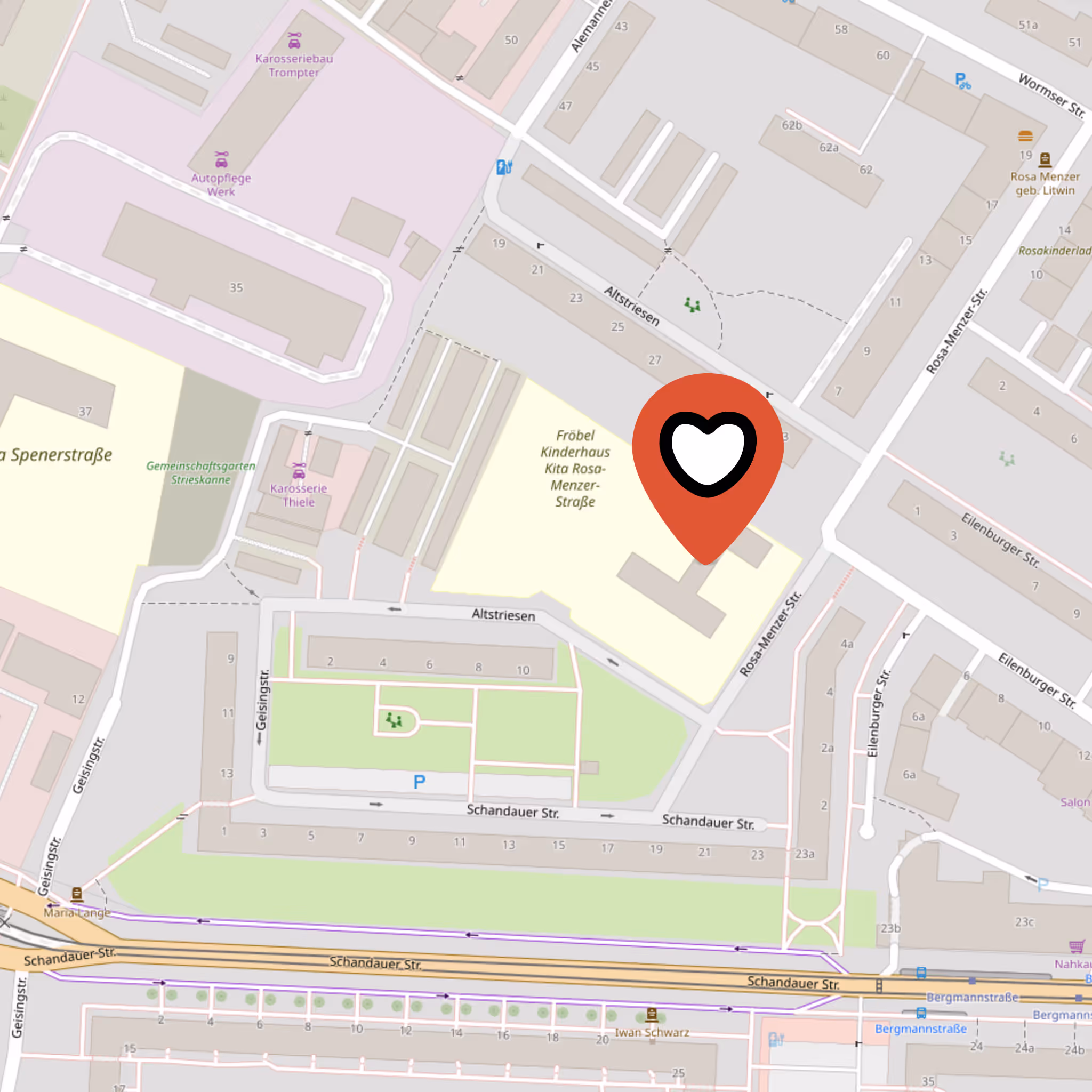 Karte zeigt Dresden-Striesen mit Kita, Fröbel Kinderhaus und lokalen Geschäften und Straßen.